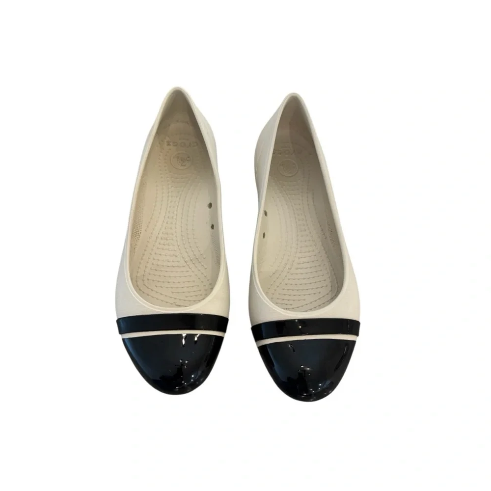 Crocs Women's Cap Toe Flat, specifically in the Stucco / Black color combination